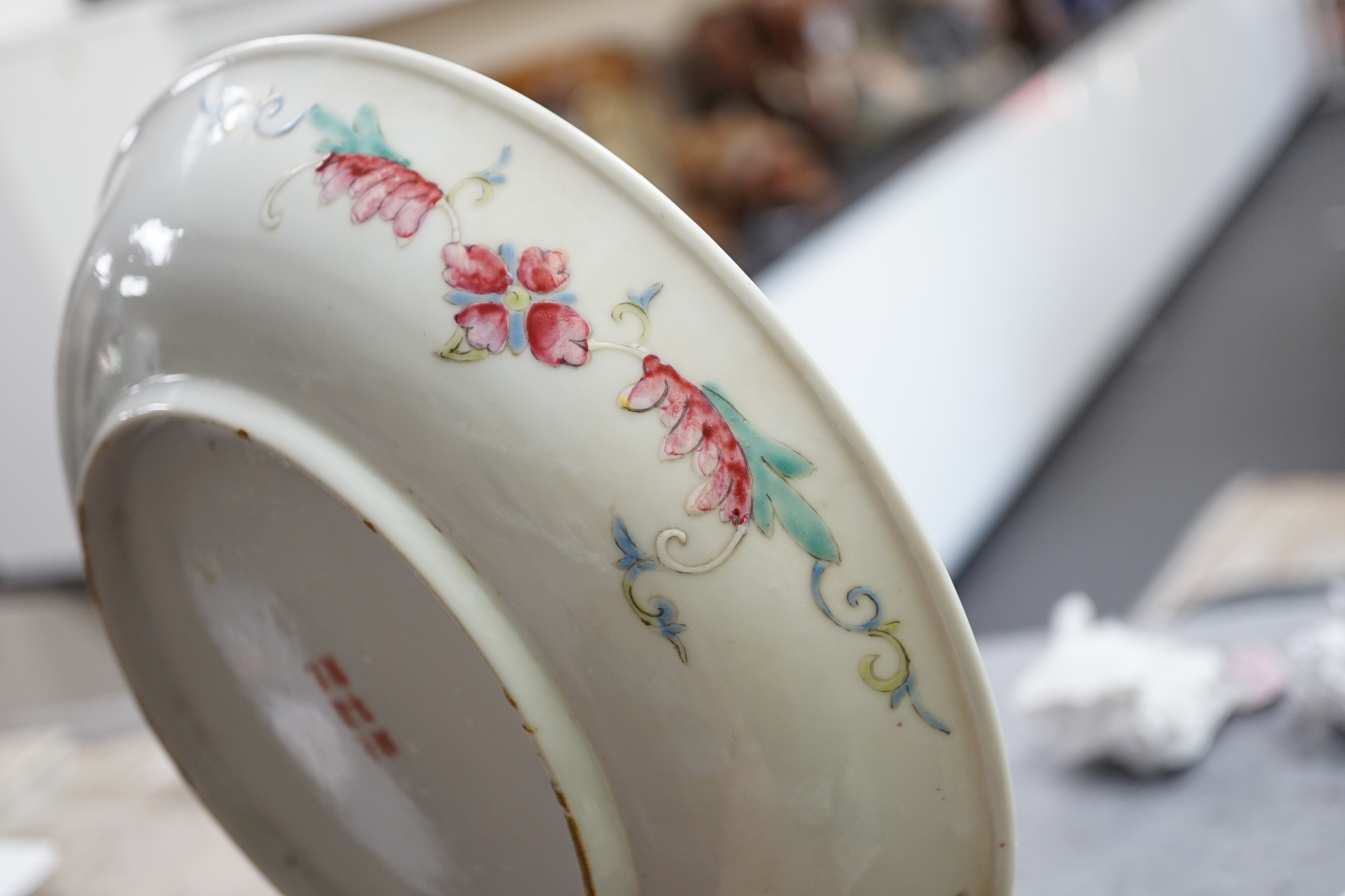 A pair of Chinese yellow ground medallion saucer dishes, Guangxu six character marks, early 20th century, hairline crack to one dish